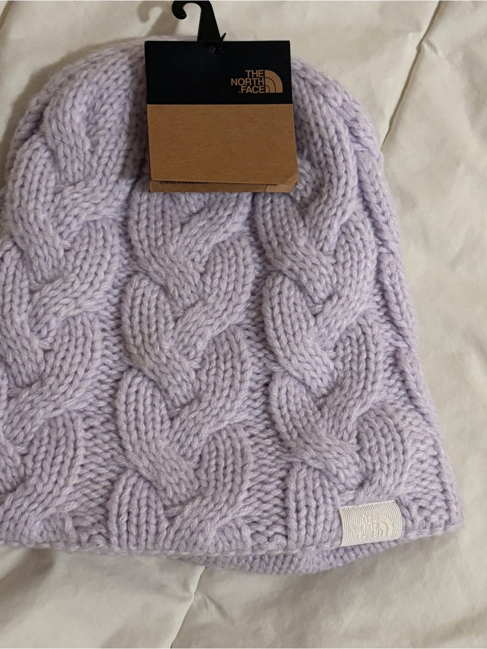 The North Face Cable Minna lavender Beanie Chunky CableKnit Warm Plush Lined Hat